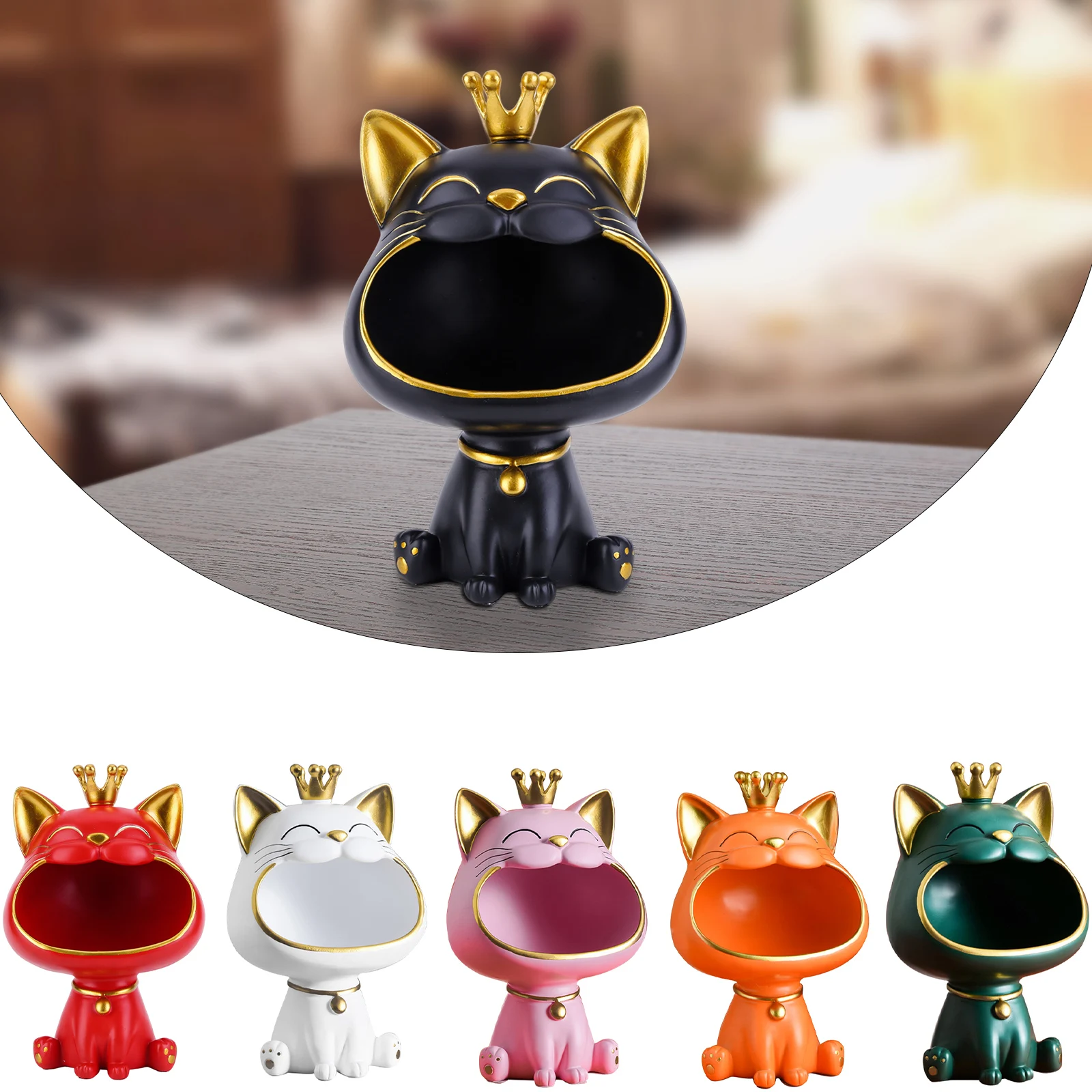 Laughing Cat Statue Resin Lucky Cat Statue Decoration Creative Small Items Container Cute Desktop Storage Accessories