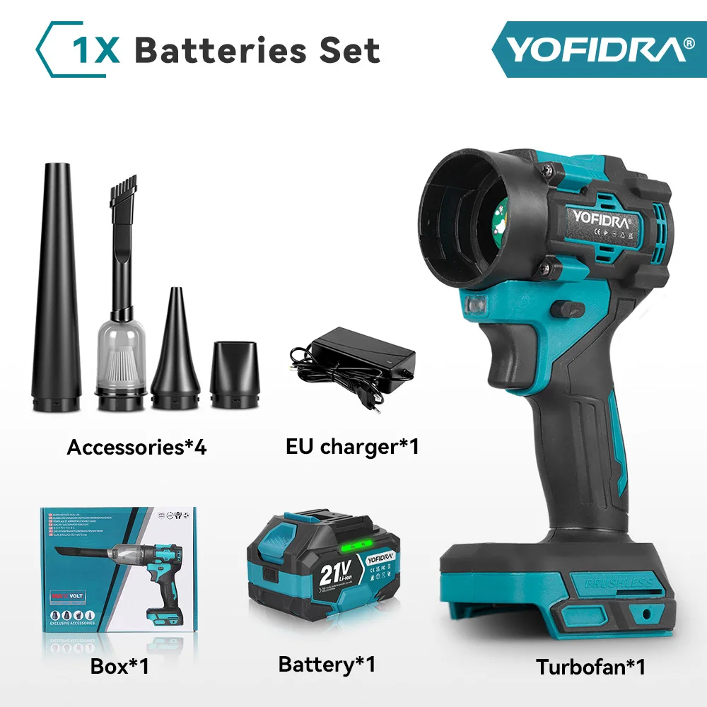 YOFIDRA Borstelloze Elektrische 2-in-1 Turbo Blaas- en Zuigfan & Stofzuiger 1000Pa Bladblazer voor Makita 21V Accu