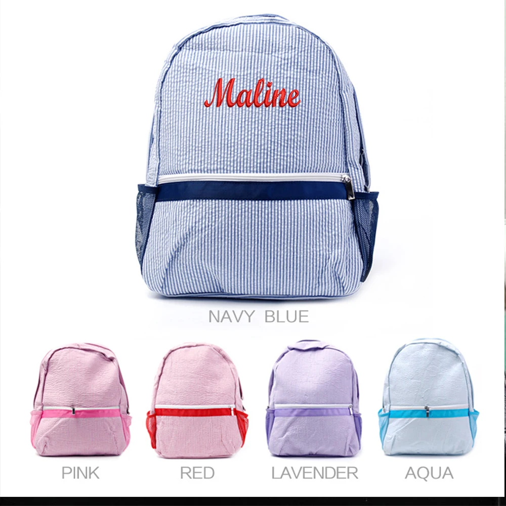 New  Seersucker Backpack with Kids\'s Name Custom Monogrammed Baby Book Bag Personalized Your Name Seersucker Backpacks