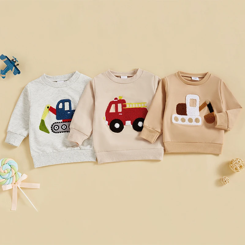 0-3 Years Little Boys Spring Autumn Sweatshirts Long Sleeve Round Neck Excavator/ Truck Embroidery Pullover Tops