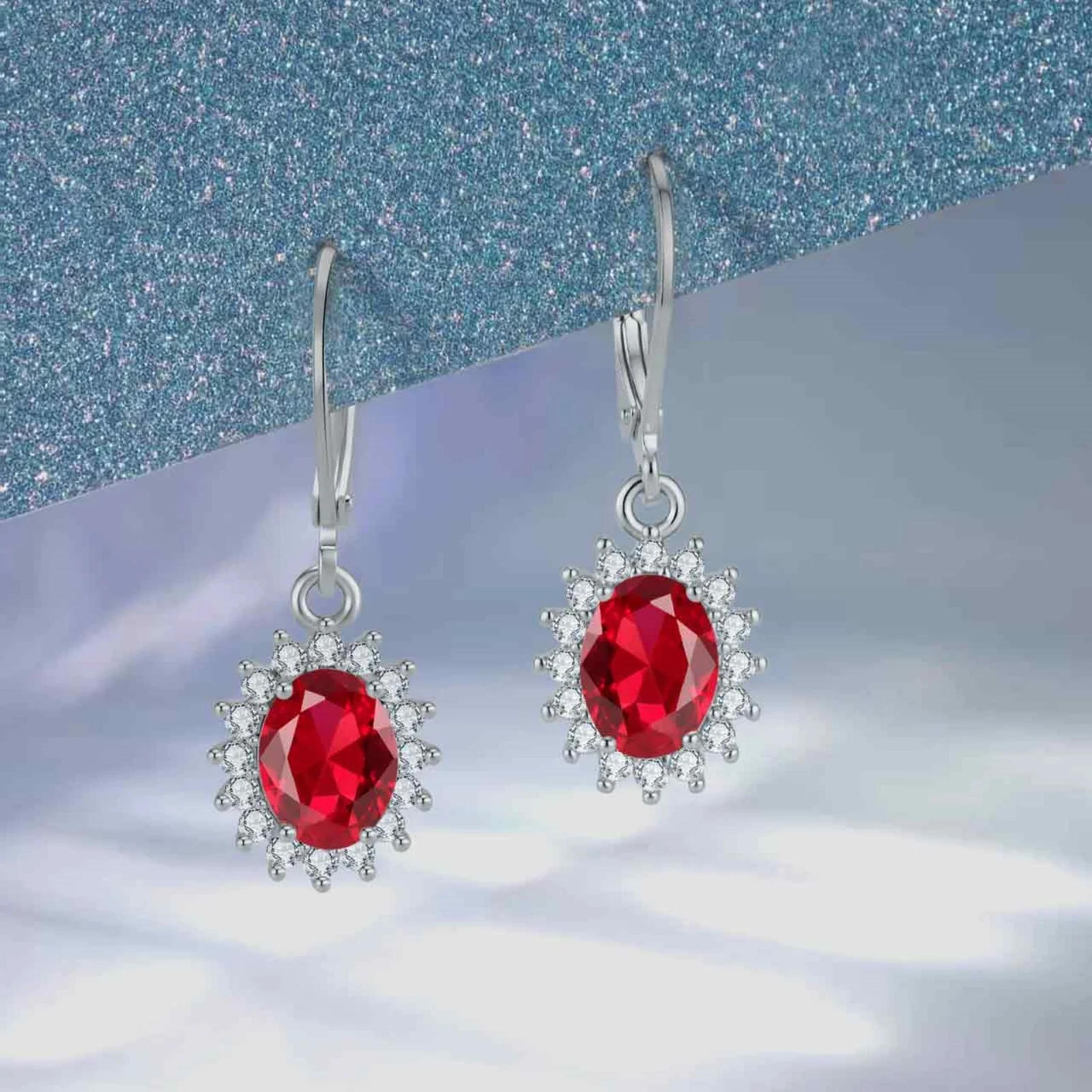 LAMVOICE Oval Synthetic Ruby Halo Leverback Dangle Earrings,Hypoallergenic Anti‑Tarnish Wedding Party Women Jewelry
