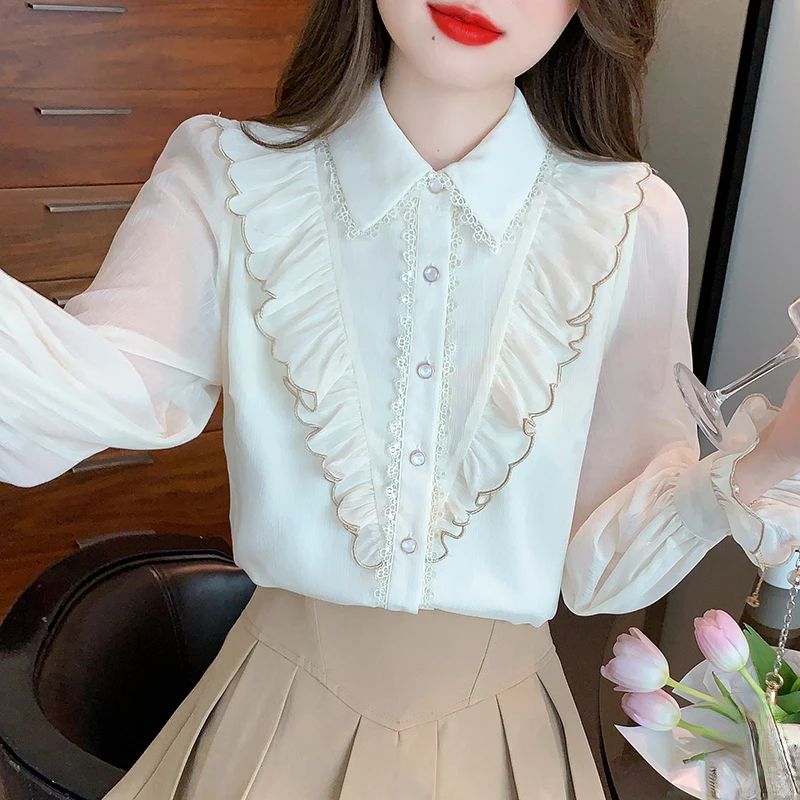 

2024 Spring Fall Women Ruffled Chiffon Beige Top Shirt , Woman Clothing Slim Full Sleeve Tops Shirts