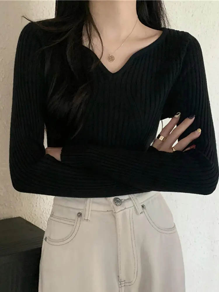 

Black Slim Fit Sweater With Small Blazer, Long Sleeve Fleece Lined Knitted V-Neck Base Shirt For Women, Spring And Autumn