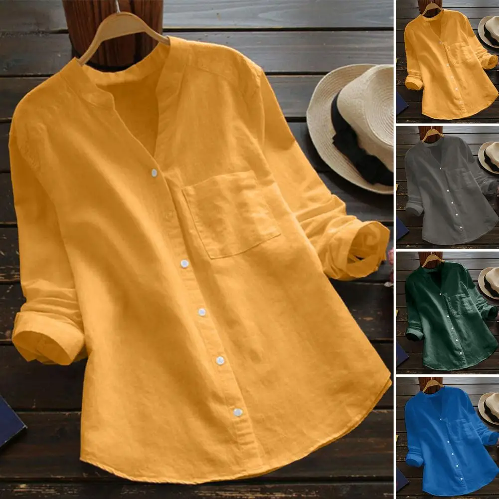 Button Down Shirt Breathable V-neck Top for Women Loose Fit Long Sleeves Solid Color Ideal Streetwear for Spring Autumn Tops