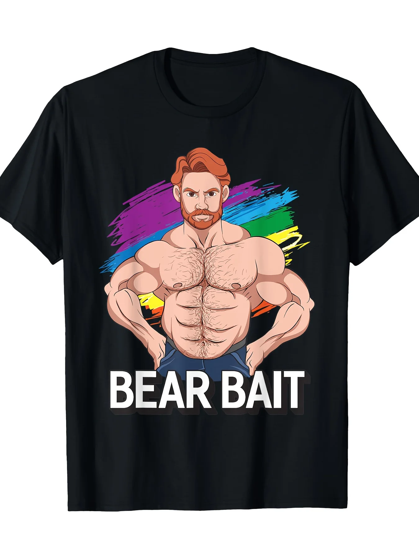 Funny "Bear Bait" Gay Pride T-Shirt for Men100% Pure Cotton220gMuscular for Man Illustration with Rainbow SplashCasu