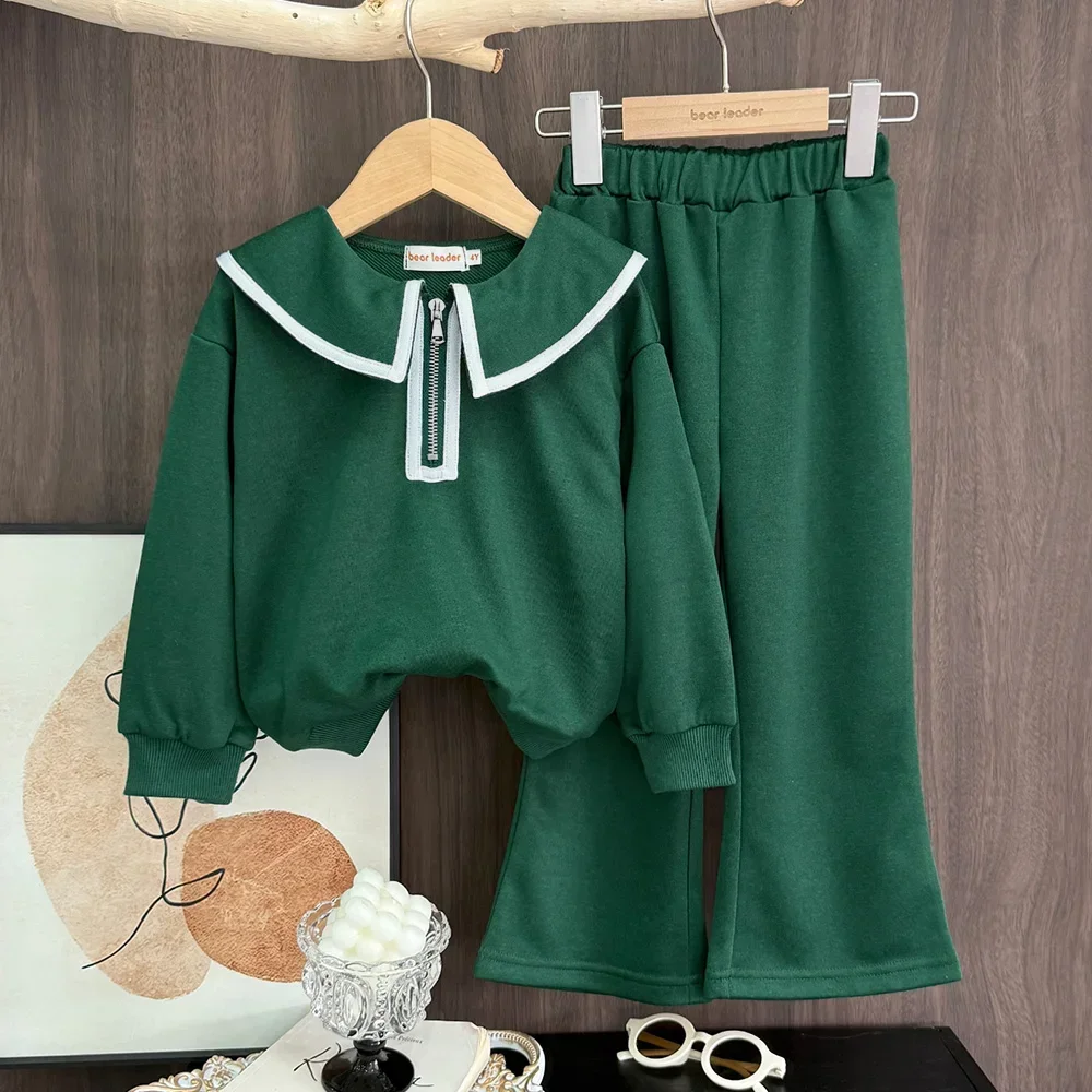 Children's Clothing Green Collar Zipper Top+Casual Pants Two-piece Set for Spring Autumn Long Sleeved Solid Color Girls Clothes