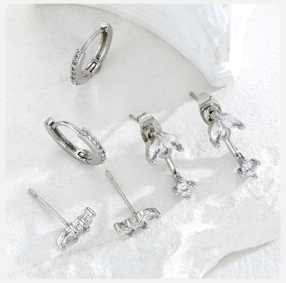 Vnox Luxus 3 Paar Geometrische Creolen-Sets für Damen Silberfarbene Zirkon-Ohrhänger Hypoallergener Schmuck für den Alltag – Detail 5