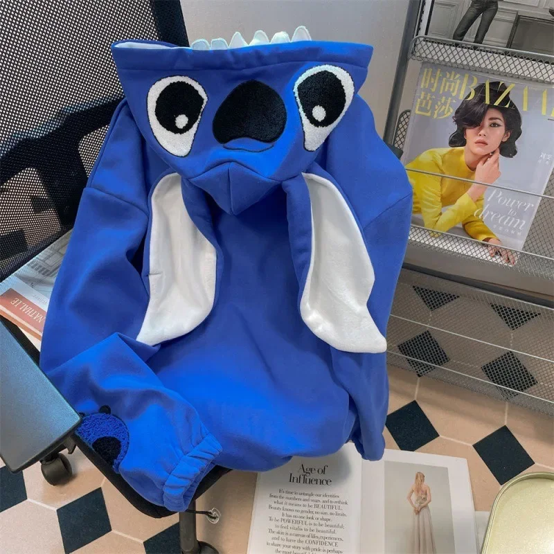 Star and Stitch Disney Klein Blue Hooded Sweater Kawaii Ins Student Trend Loose Anime Character Accessories Casual Clothing