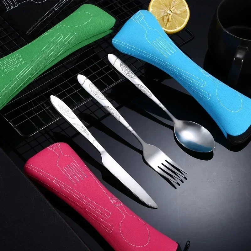 3Pcs Portable Stainless Steel Western Style Steak Knife Fork Spoon Complete Set of Tableware for Home Use Outdoor Travel Cutlery