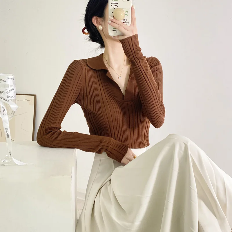 

New Vintage V-Ne Slim Fit Knitwear Women's Collar Ribbed Base Layer Inner Wear Top Korean Sle Long Sve