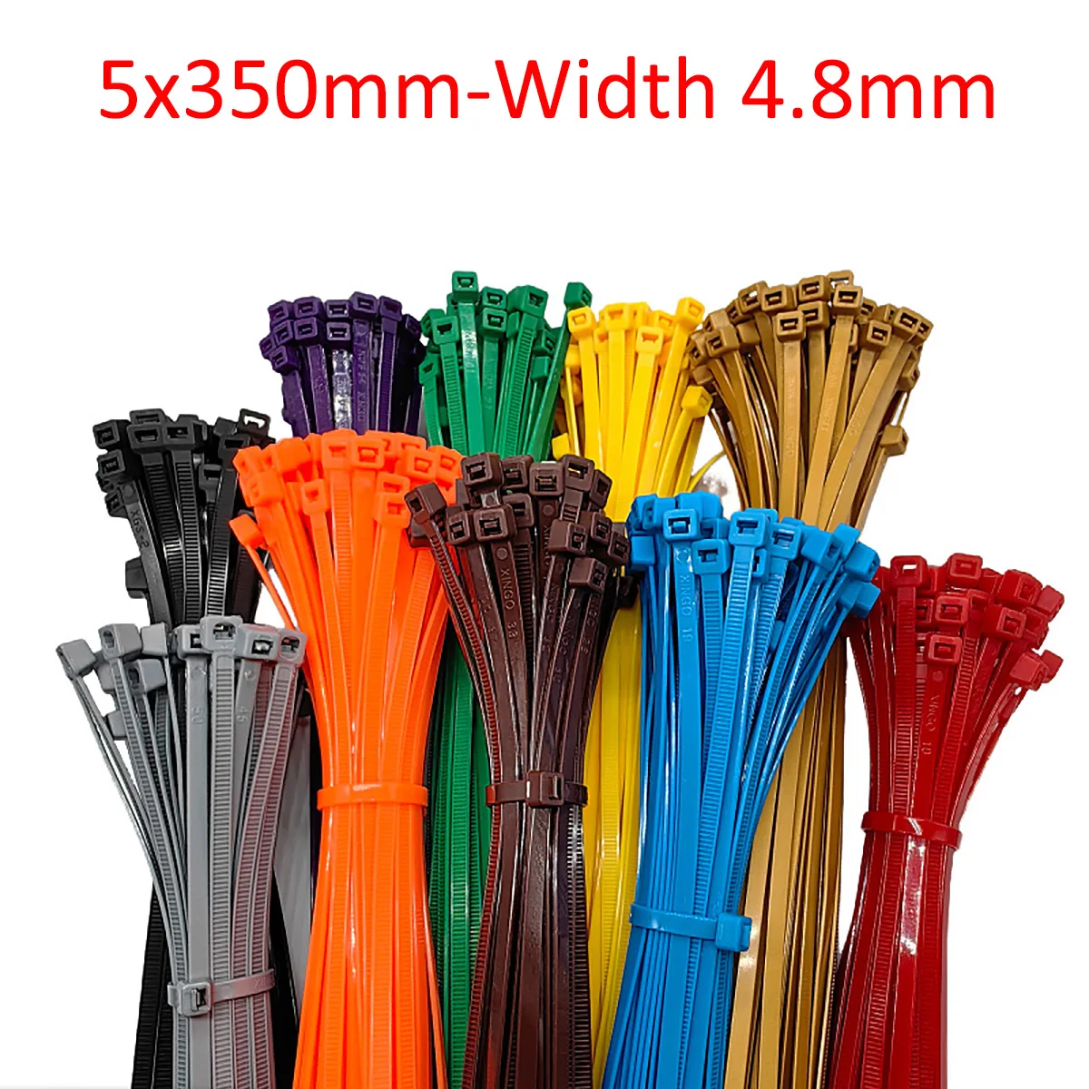 100pcs Black Red Yellow Blue Green White 5x350mm- Width 4.8mm Self-Locking Nylon Cable Zip Tie Cord Wire Zip Ties Straps