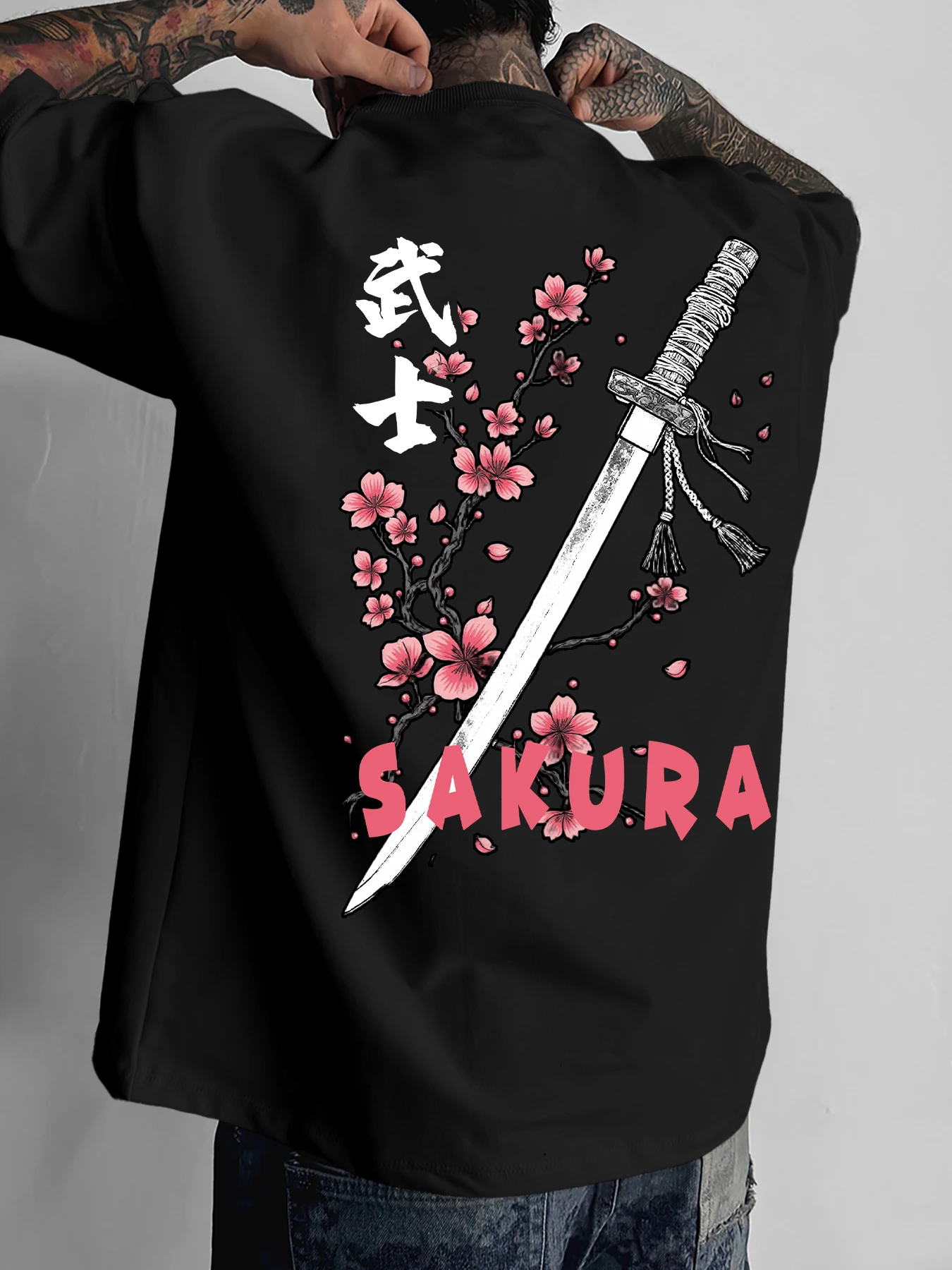 Men's Hip Hop Short Sleeve Tee, Sakura Cherry Blossom Samurai Blade Japanese Art Back Print, Polyester, Party Outfits, S-XXL