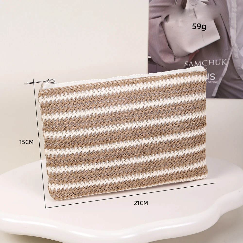 5pcs Cosmetic Bags Women Weave Brwon White Striped Printing Light Travel Makeup Pouch