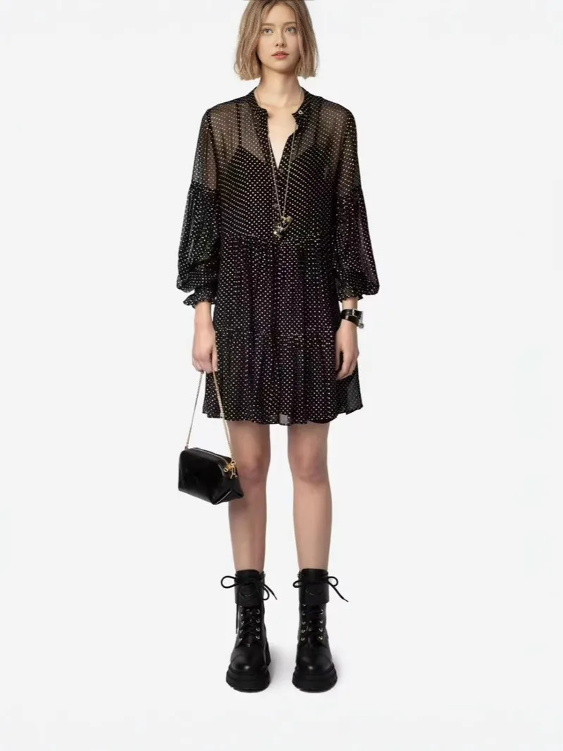 

Cross-border e-commerce Winner24Z@&V: new black translucent polka dot shirt dress, V-neck length, sweet age-reducing fashion sty