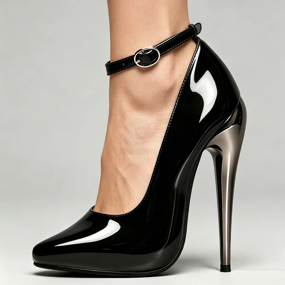 Black Patent Leather Ankle Strap Fetish Pumps 6"/15cm High Heel Drag Queen Shoes Size 5-15