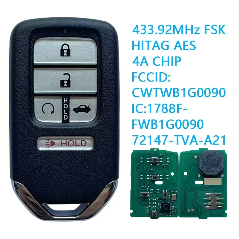 FCCID:CWTWB1G0090 For Honda Accord Insight 2018 2019 2020 2021 2022 433.92MHz 4A Chip Smart Entry Key 72147-TVA-A21 72147-TWA-A1