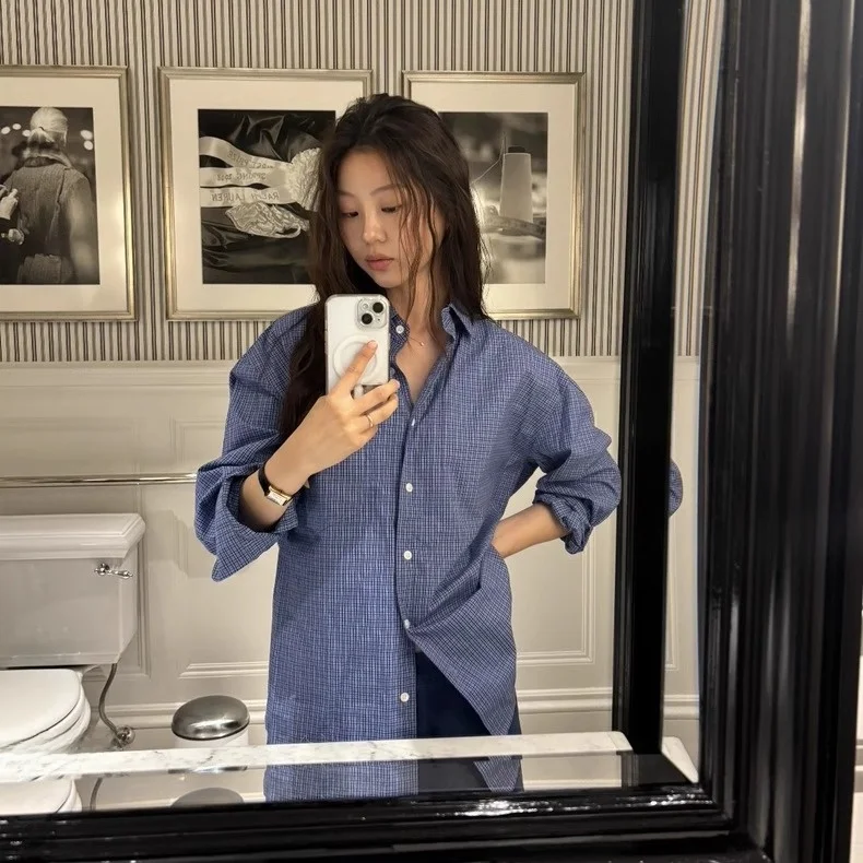 

Loose Fit Long Sve Casual irt Deep Blue Plaid Collared irt Versatile Comfortable Women's Faion Autumn Season Anti-Wr...