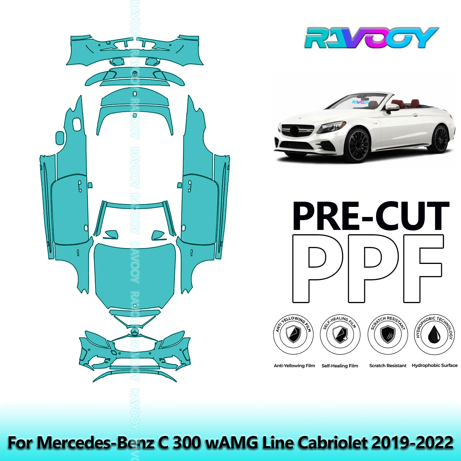 

Full Vehicle Clear Bra Precut PPF Paint Protection Film For Mercedes-Benz C 300 wAMG Line Cabriolet 2019-2022