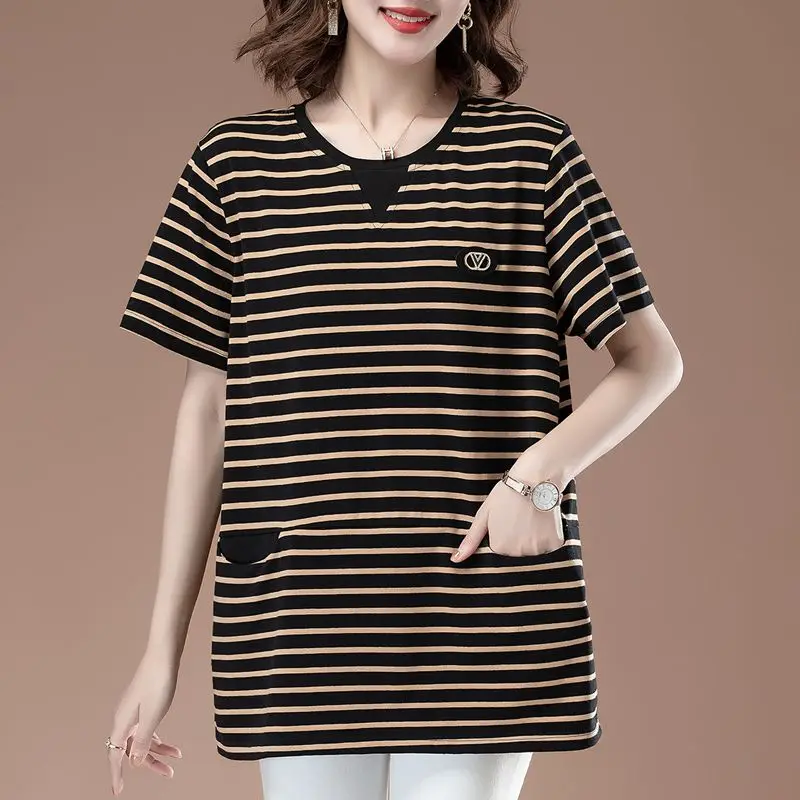 Summer New Trendy Stripe Short Sleeve T-shirt Women Patchwork Pocket Casual Versatile Commuter Korean Round Neck Loose Tops 2023