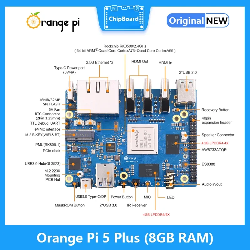 Orange Pi 5 Plus 8GB RAM Single Board Computer RK3588 PCIE Module External Wifi6-BT5.0 SSD Pi5 Plus Board Run Android Debian OS