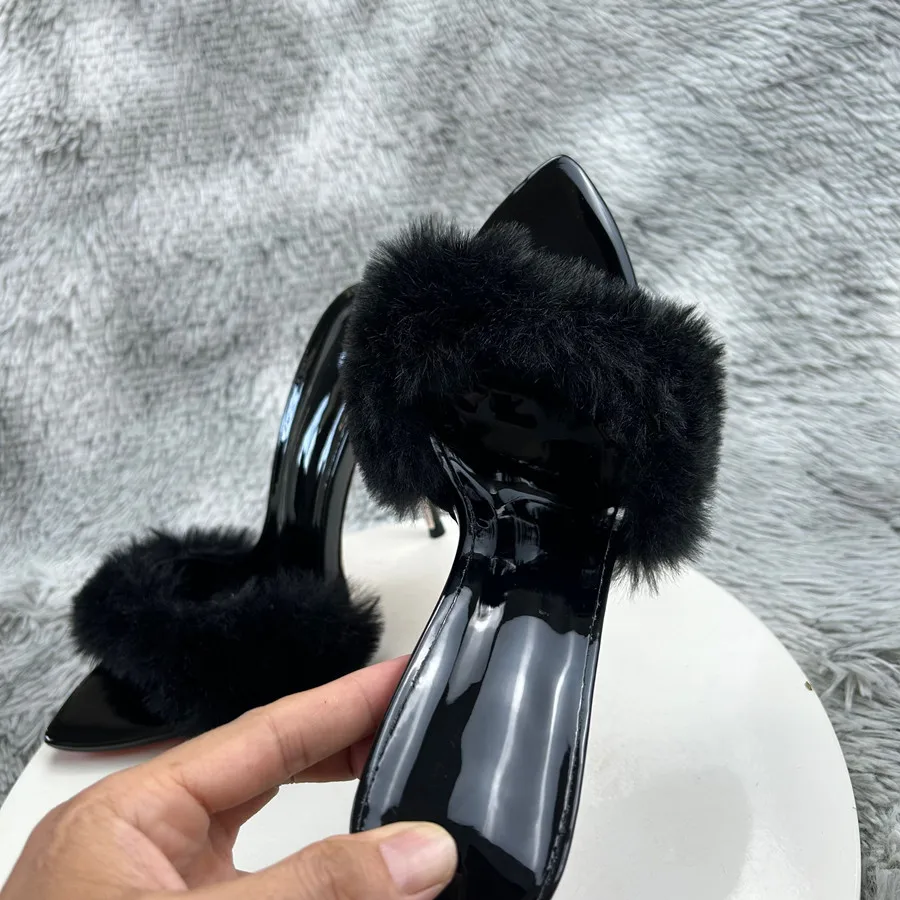 Customize Women Sexy Black Fur Pointy Toe Slipper Women\'s High Heels Sandal Stilettos OL Work Ladies Dress Shoes Plus Szie 45 46
