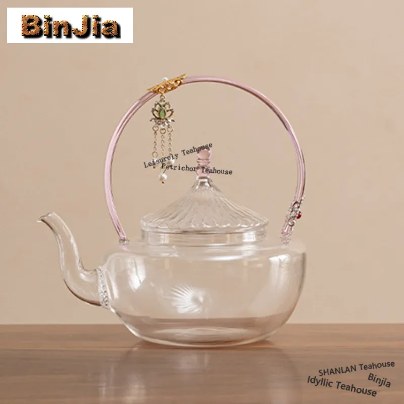 

900ml Glass Pink Handle Boiling Water Kettle Large Capacity Tea Soaking Pot Bubble Tea Kettle Kung Fu Tea Tea Services Supplies