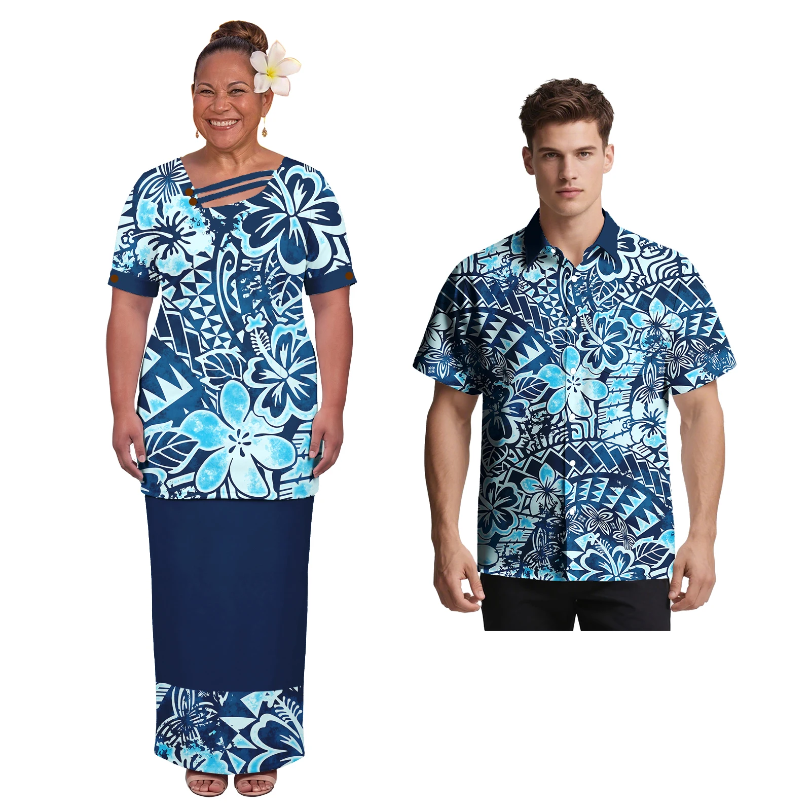 New Custom Pattern Puletasi Polynesian Pacific Island Buttoned Top Elegant Beach Party Dress For  Women Couple Outfits