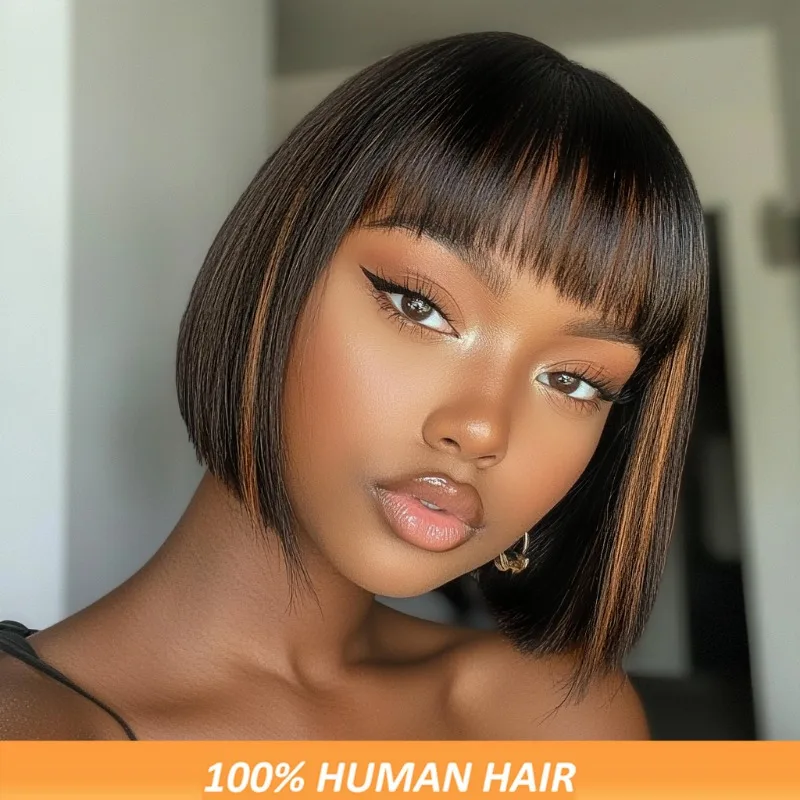 

Бесклеевой короткий парик Боб Rebecca с челкой, темно-коричневый (1B/30), 8-дюймовый естественный вид, машинный парик из человеческих волос, повседневная одежда