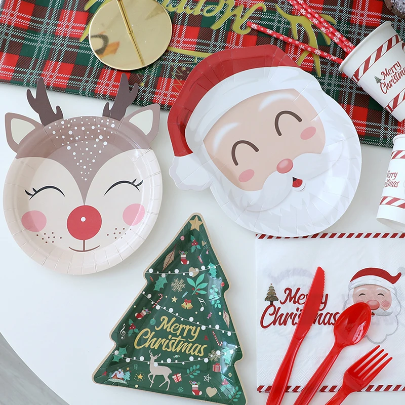 10pc Cartoon Printed Santa Claus Tray Disposable Snowman Paper Plate Creative Snack Fruit Storage Dish Christmas Party Tableware