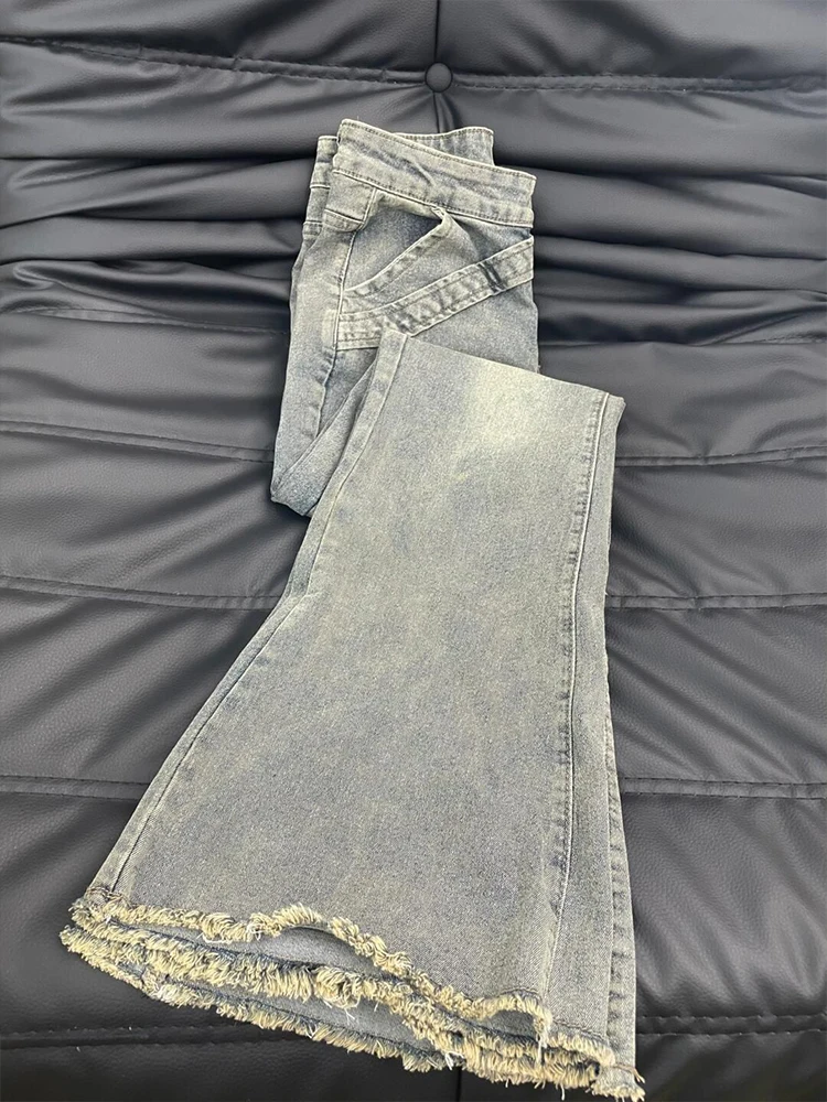 

Spring Women's Washed Flare Jeans Retro Slimfit Soild Color Denim Pants High Waisted Distressed Raw Edge Hem Casual​ bell-botto