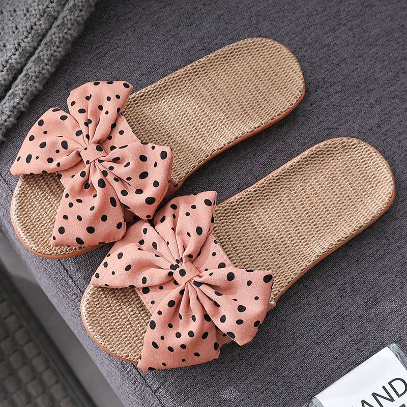 Casual Women Slides Comfortable Flax Slippers Print Bow Linen Flip Flops Platform Sandals Ladies Indoor Shoes Zapatos