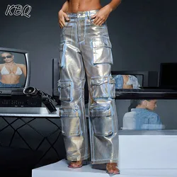 KBQ-pantalones vaqueros de pierna ancha para mujer, ropa de calle de Color impactante, pantalones Cargo informales sueltos con bolsillo de retazos de cintura alta, ropa de moda femenina