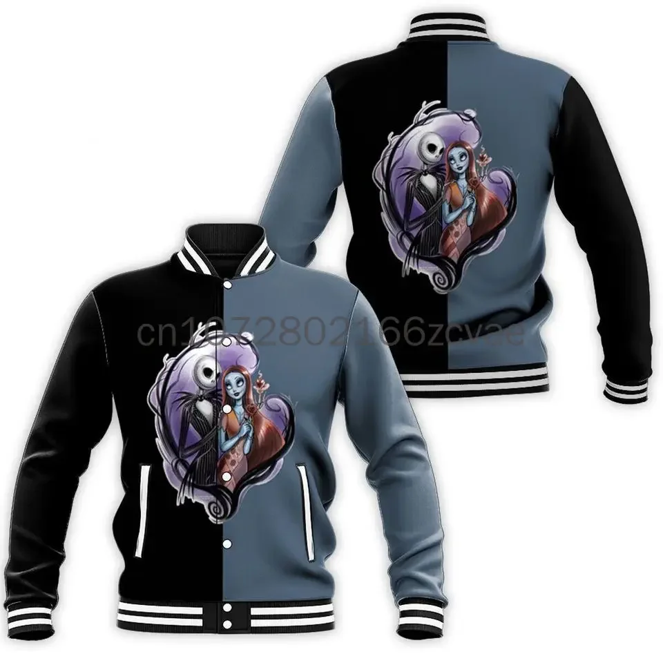 Chaqueta de béisbol de Jack And Sally para hombre y mujer, chaqueta informal de gran tamaño, pesadilla antes de Navidad, Disney, novedad