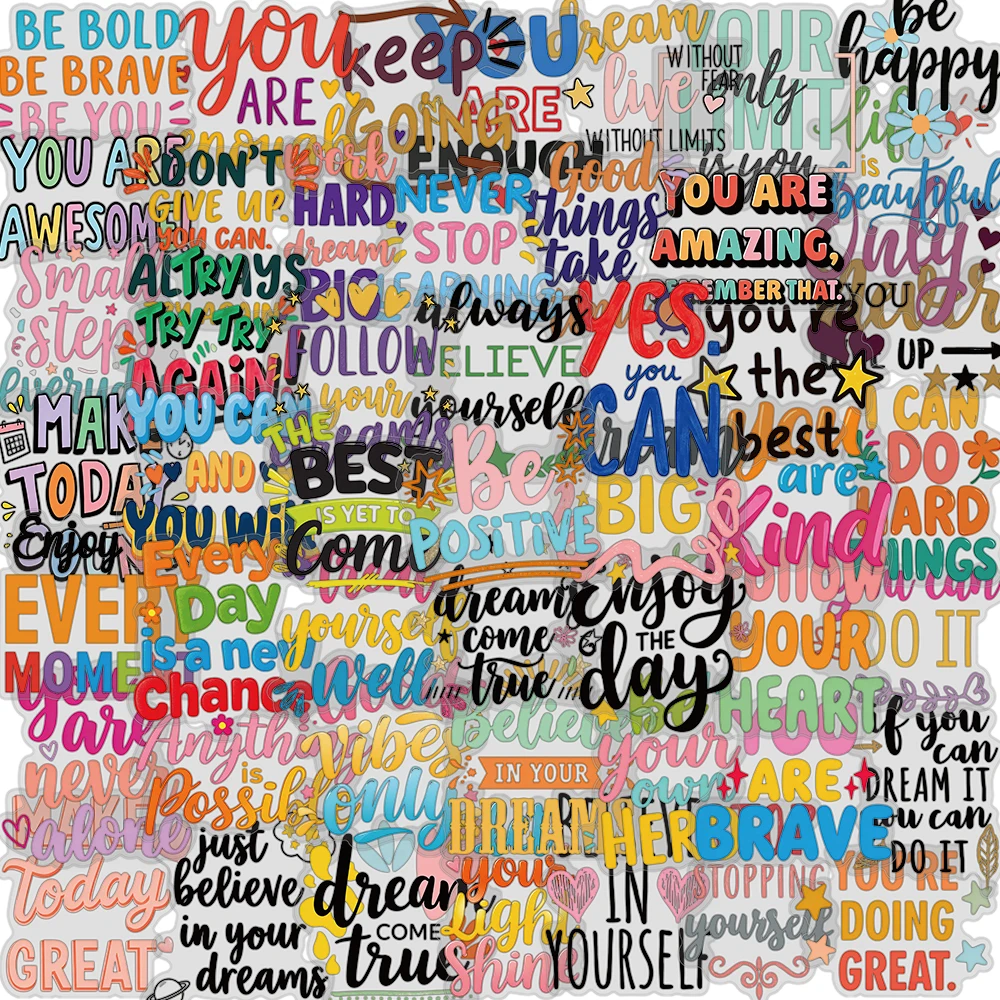 50PCS Colorful English Inspirational Short Sentences Stickers Scrapbooking Waterproof Skateboarding Laptop Gift Stickers