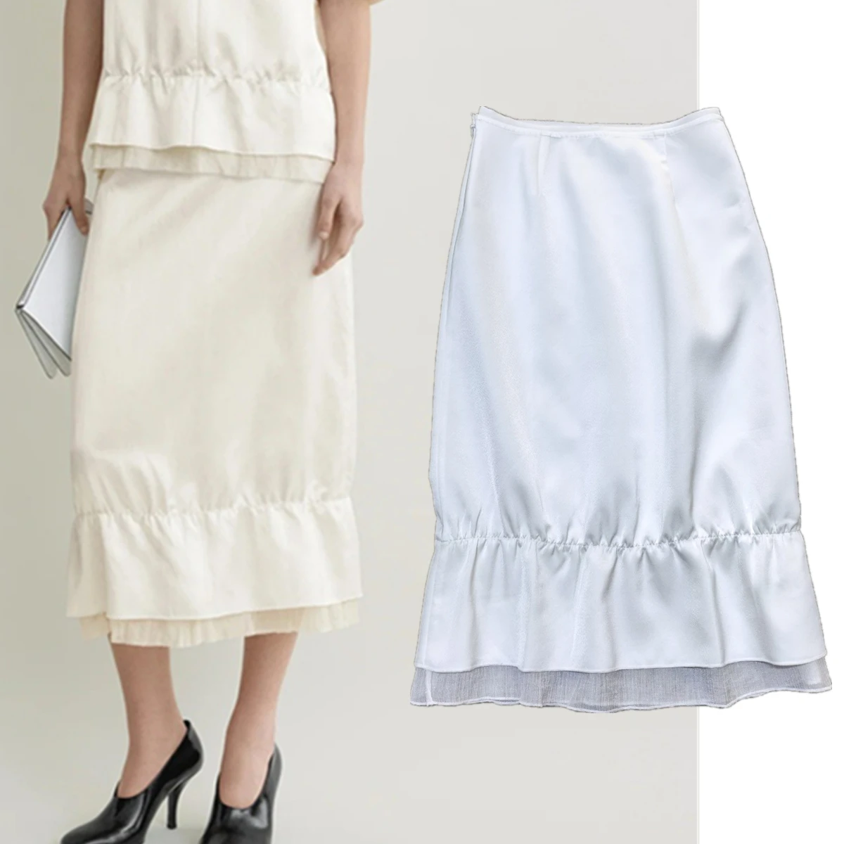 

Maxdutti Office Ladies Minimalist Satin Splicing Mesh Ruffles Elegant Women's Skirt Woman Clothing Faldas Skirts Female Clothing