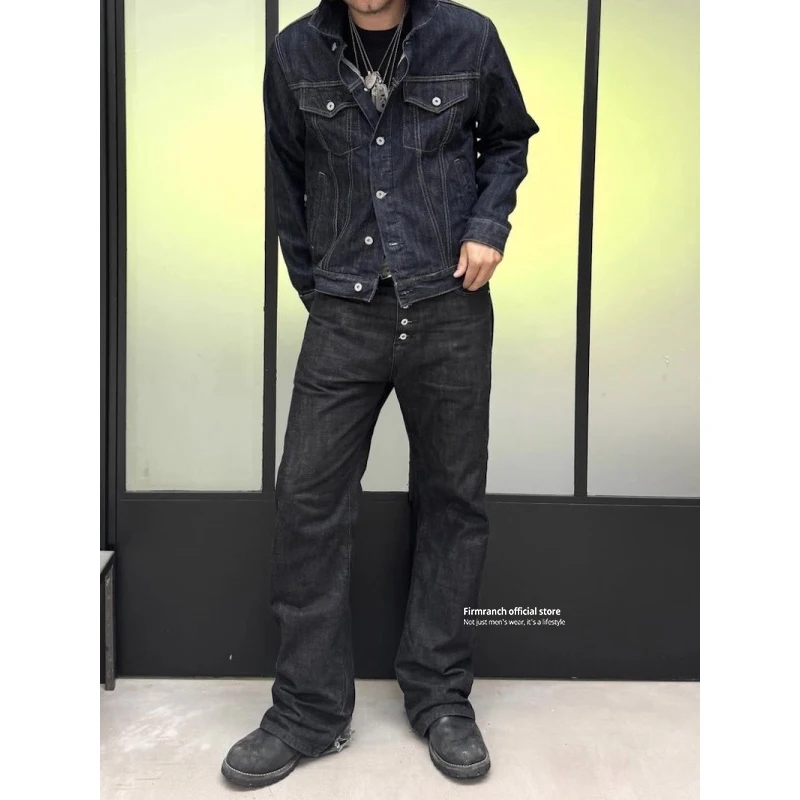 Firmranch New American Retro Original Denim Blue/Black Straight Leg Jeans For Men Women Button Up Baggy Pant High Street Wear