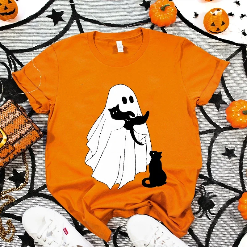 Ghost Holding Black Cat Halloween Print Tee Shirt Casual donna Ghost Cat T Shirt nuovo Design Streetwear donna Tshirt