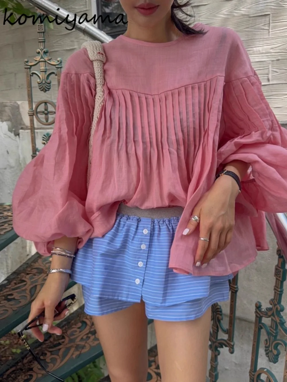 

Korean Sweet Pleated Woman 2025 Shirts & Blouses New Loose Blusas Mujer Lantern Sleeve Ropa Temperament Loose Clothing Camisas