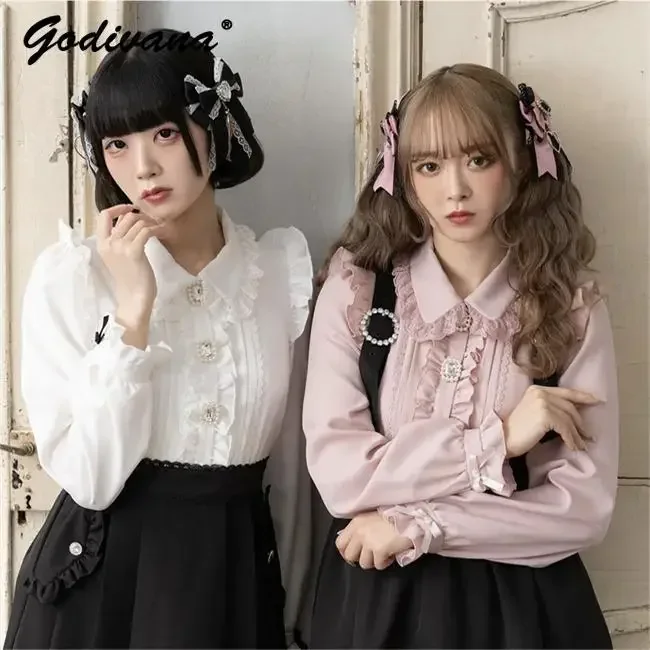 Japanse Schattige Dames Lange Mouwen Strik Shirt Herfst Lieve Meisjes Diamanten Gesp Prachtige Blouse Shirt Lolita Tops