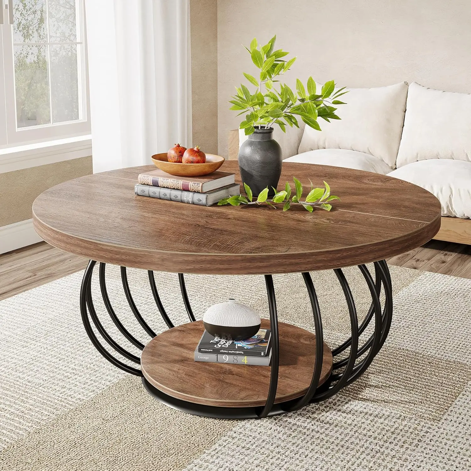 

Round 2-Tier Coffee Table Industrial Wood Metal Storage Shelf Living Room 39.4in Rustic Brown Black, Customized