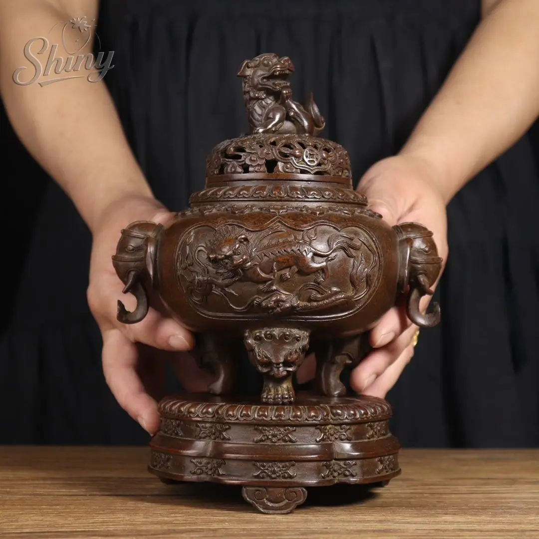 Antique Brass Elephant-Ear Qilin Incense Burner with Base Home Decor, Study & Living Room Ornament Zen-Inspired Decorative Piece
