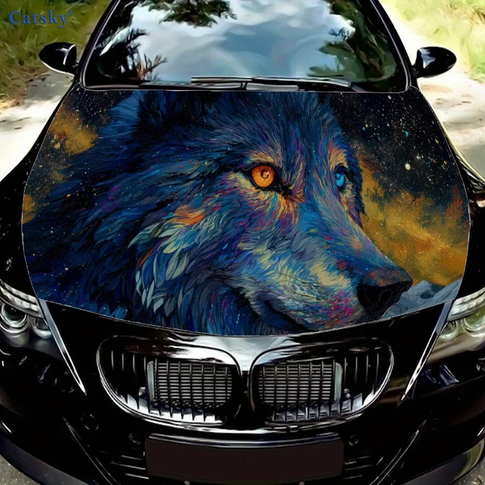

Blue Wolf Amidst a Cosmic Starry Car Hood Sticker, Personalized & Trendy Auto Art Decal, Self-adhesive Waterproof Car Exterior V
