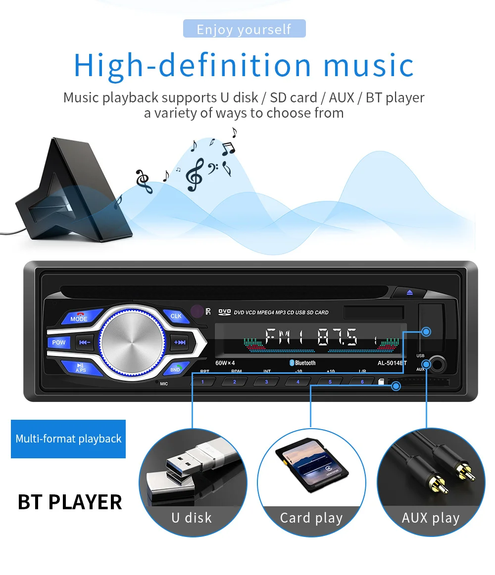 Kaudiony Car Radio 1 Din DVD CD MP3 Auto Player Audio FM Auxiliary Input Receiver SD TF USB Multimedia Bluetooth Music Stereo