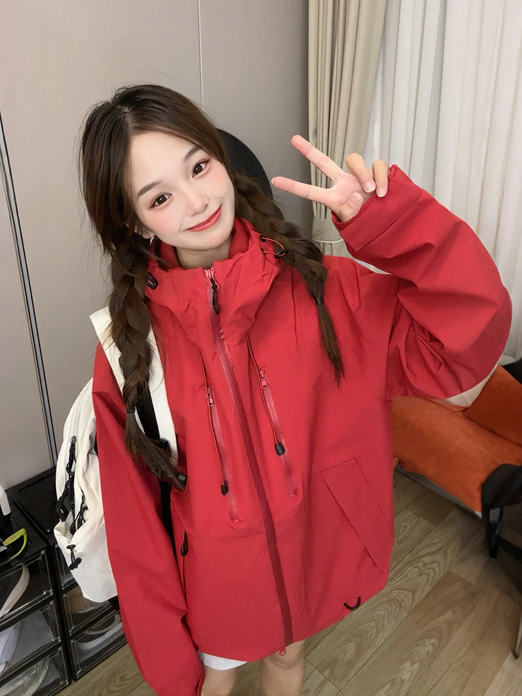 

Функциональная женская куртка с капюшоном в американском стиле, красная, для активного отдыха, с защитой от воды, ветра и грязи, для походов и альпинизма