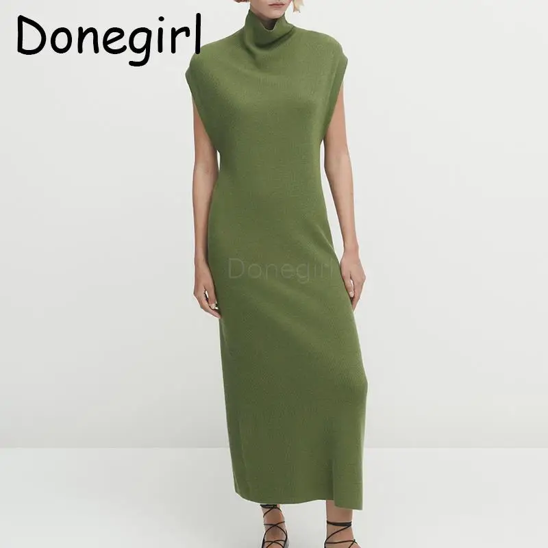 

Donegirl 2023 New Women Fashion Short Sleeve Turtleneck Dresses Simple Temperament Knitted High Collar Long Dress Female Chic