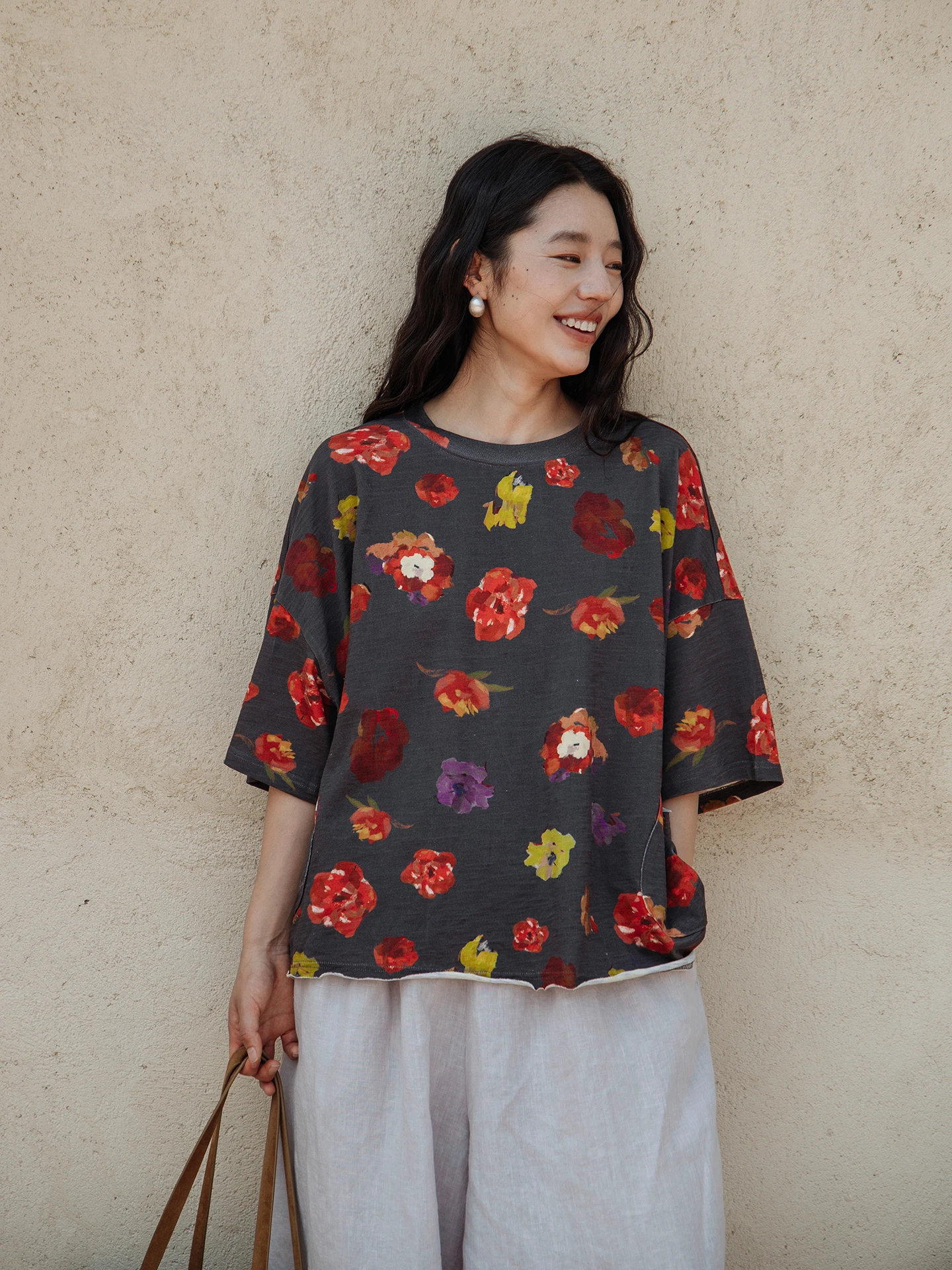 Pure Cotton Loose Fit Short Sleeve T-Shirt Black White Grey Floral Print Casual Style Women's Summer Fashion round Neck Tee