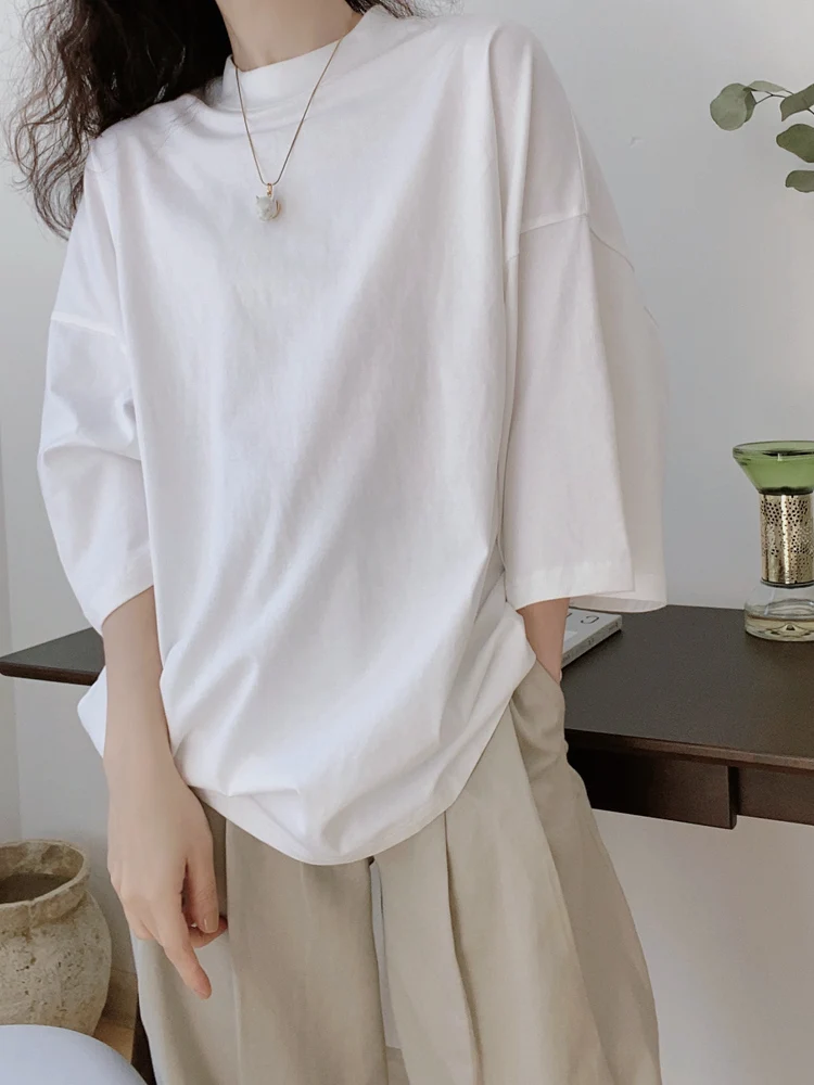 

Круглая футболка из органического длинного хлопка середины свека Ne, черно-белая, повседневная женская футболка свободного кроя весна-лето