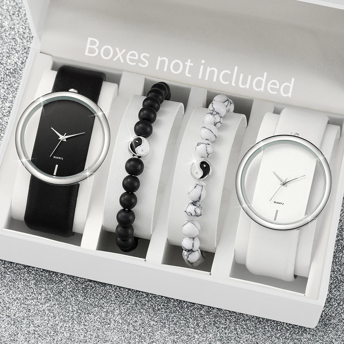 4 unids/set reloj de moda para mujer correa de cuero reloj de cuarzo Simple para parejas con pulsera de cuentas Bagua blanca y negra