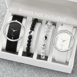 4PCS/Set Women's Fashion Watch Leather Strap Simple Couple Quartz Watch with Black White Bagua Beaded Bracelet