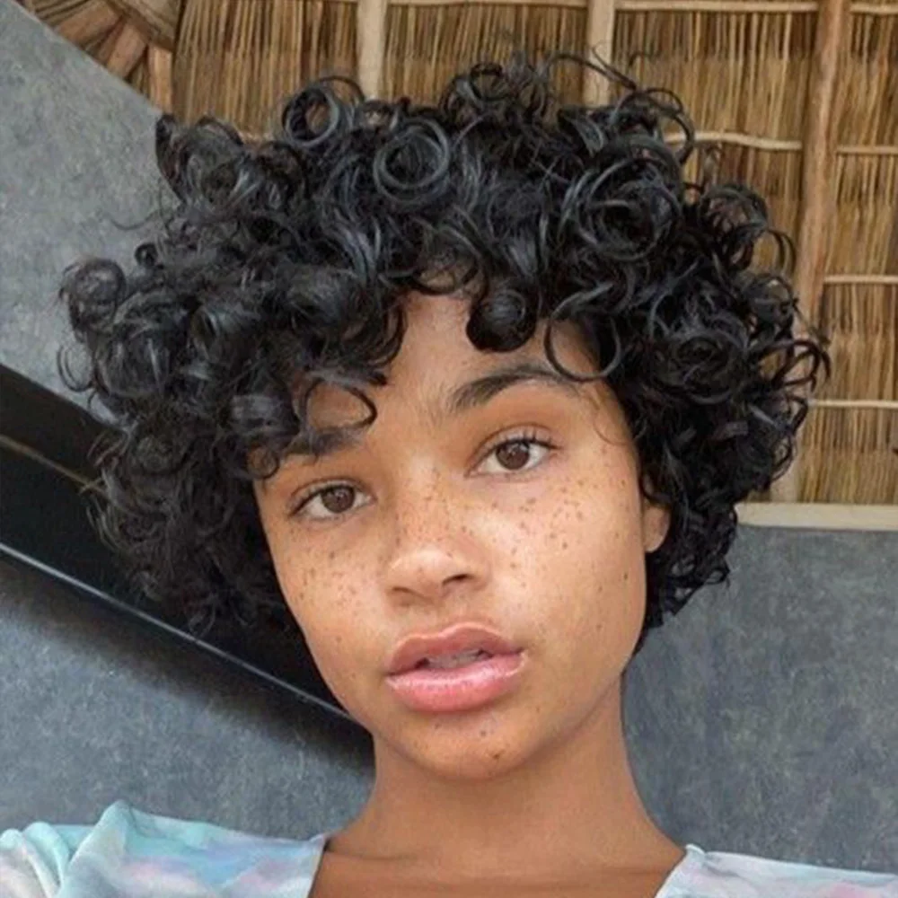 Парики из натуральных волос с стрижкой пикси для чернокожих женщин, дешевый парик из натуральных волос, вьющиеся парики из человеческих волос, полный парик машинного производства